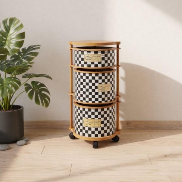 Dama Desenli 3 Katlı Tekerlekli Çok Amaçlı Ahşap Patates Soğan Sepeti