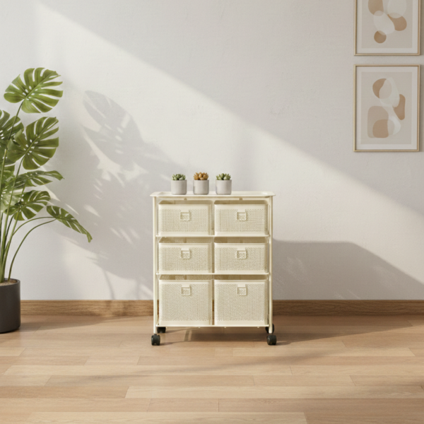 3 Katlı 6 Çekmeceli Metal Raf - Krem